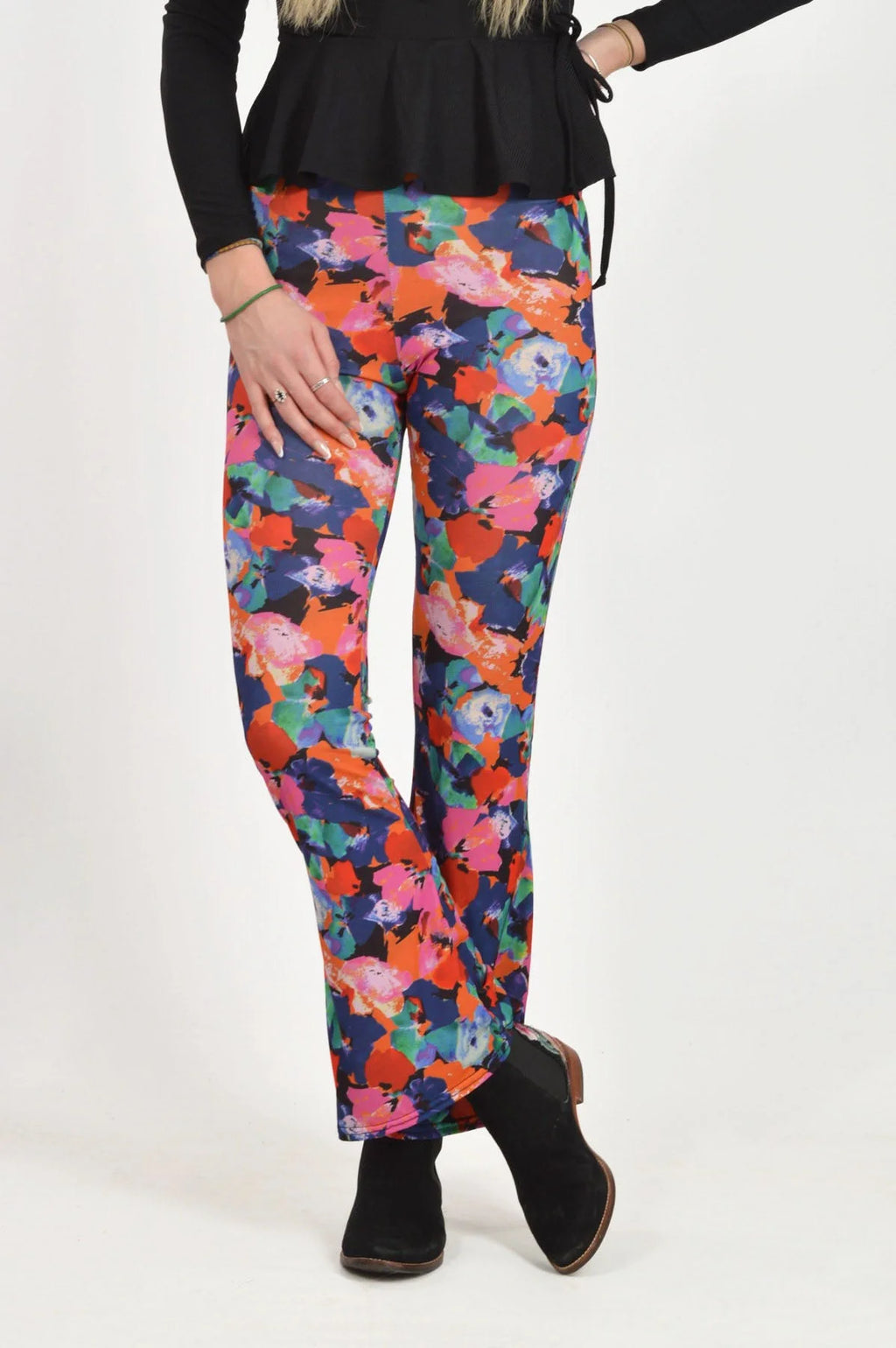 Vintage Floral Printed Flare Leggings Pants Pink and Black Flower - Ruby  Lane