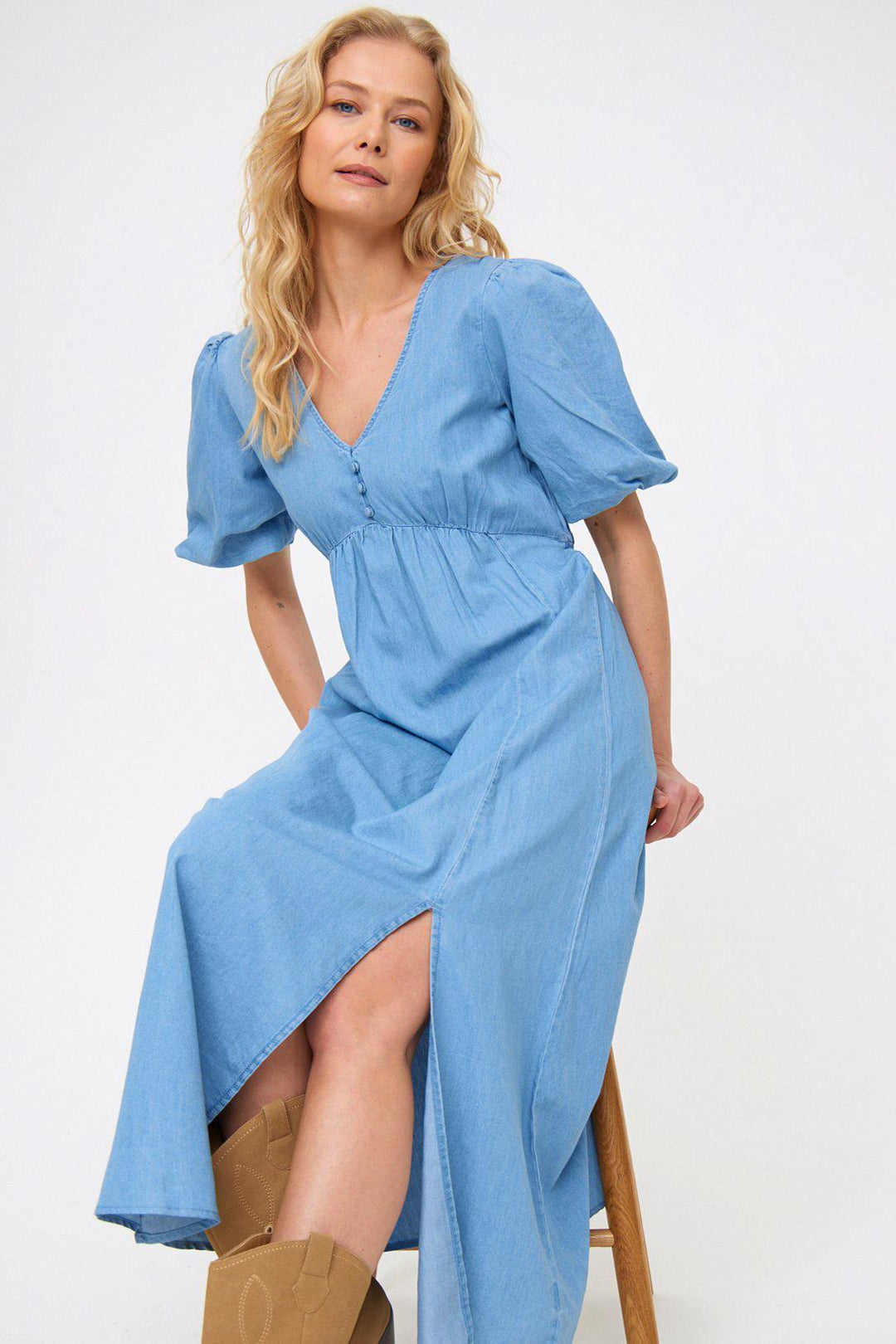 Chambray High Waist Midi Dress