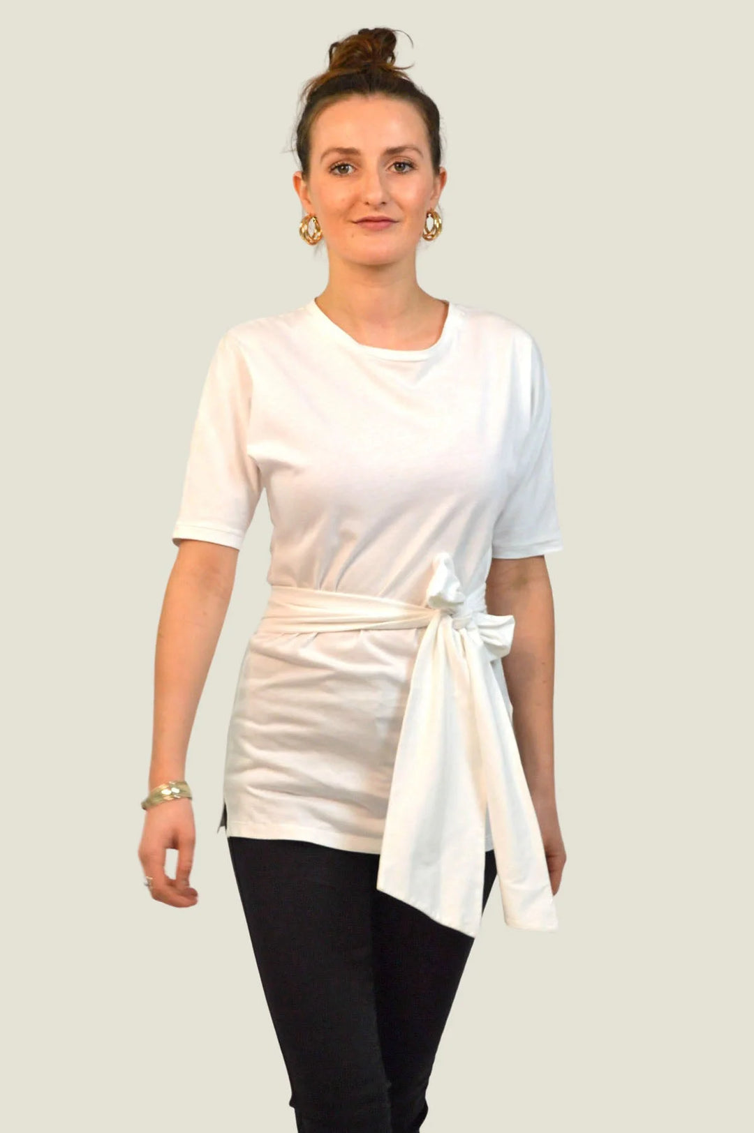 M&S Long Sash Waist Jersey Top White / 6