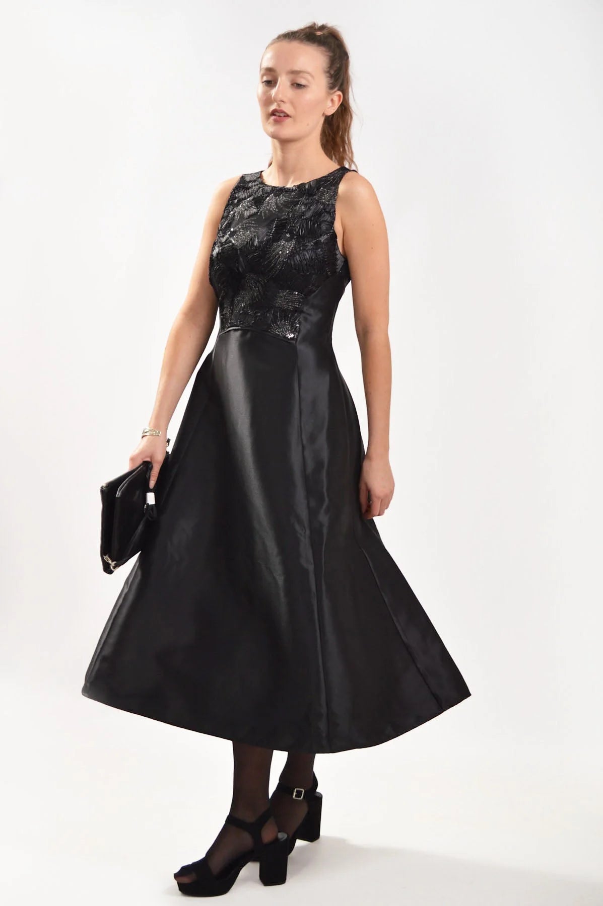 Black Satin Tea Length Dress