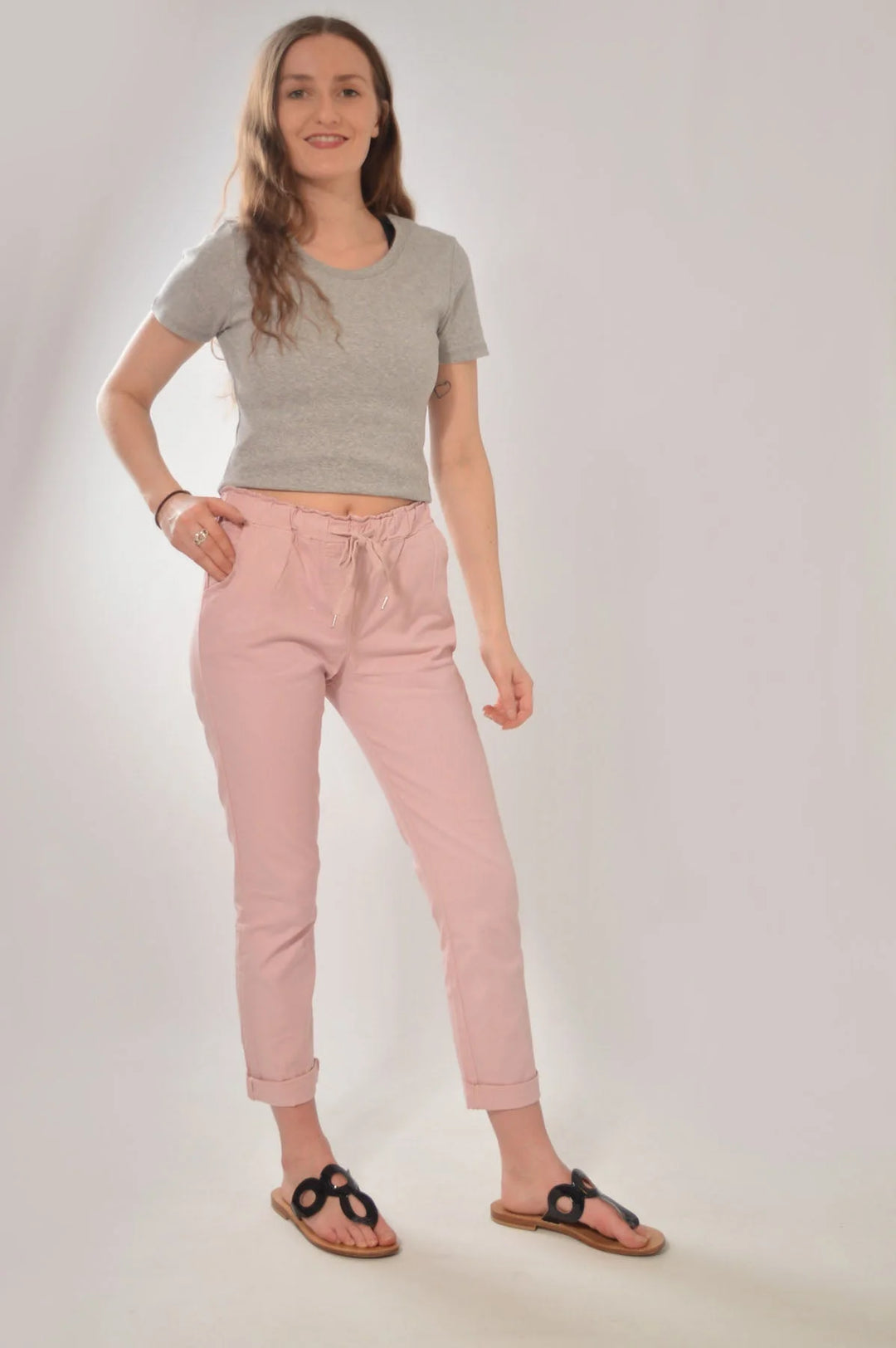 Nougat Tie Front Cotton Roll Hem Trousers