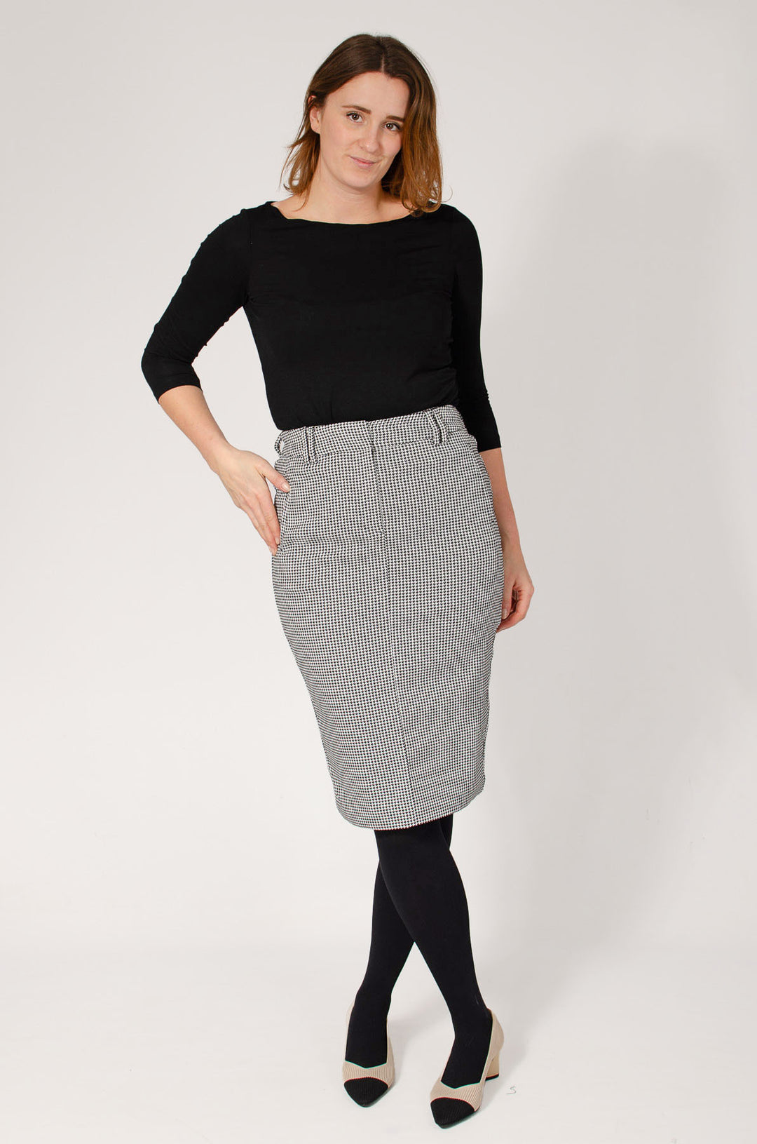 Dogtooth Stretch Pencil Skirt