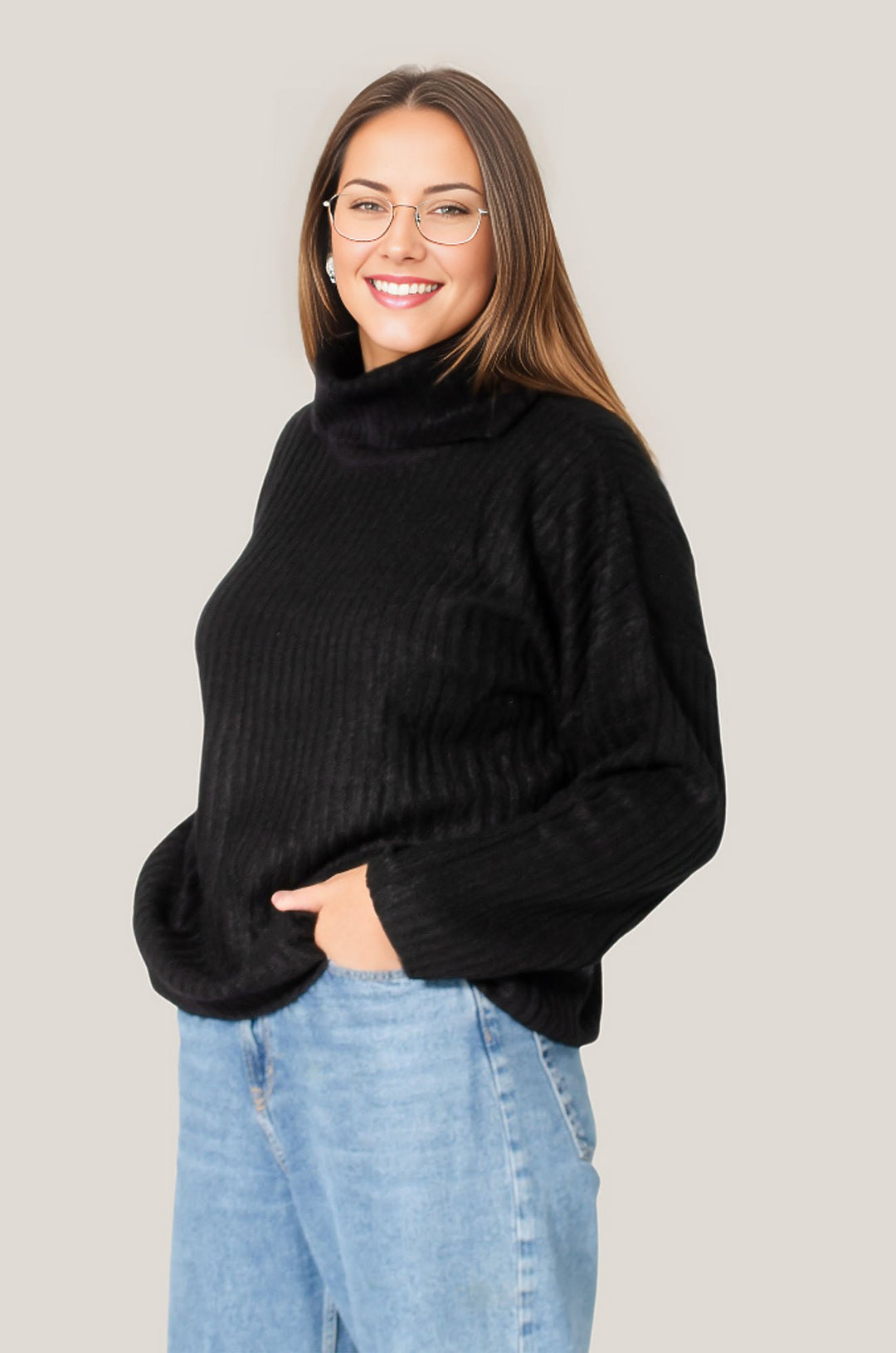 Cowl Roll Neck Ribbed Jumper