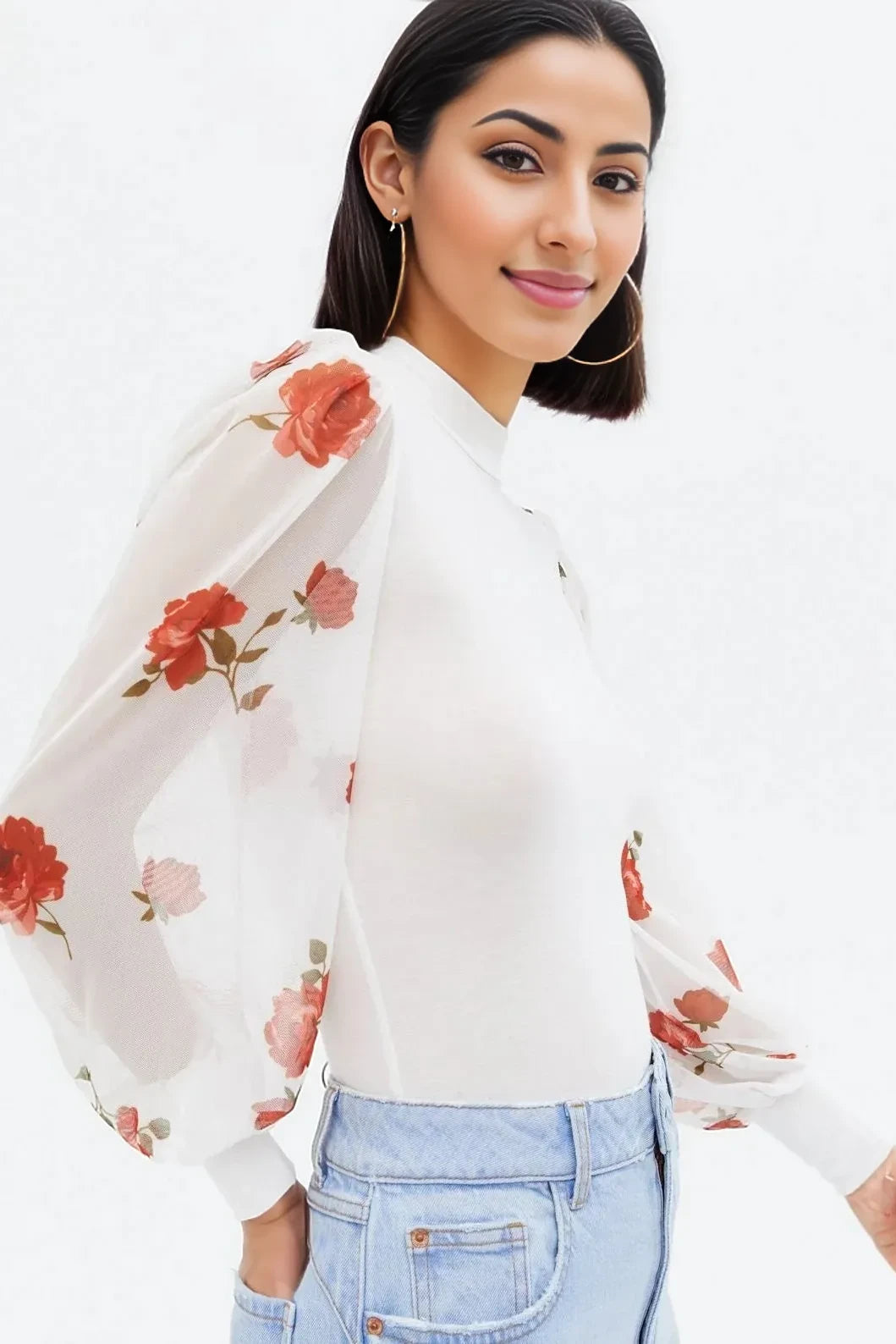 Secret Label Floral Mesh Puff Sleeve Top