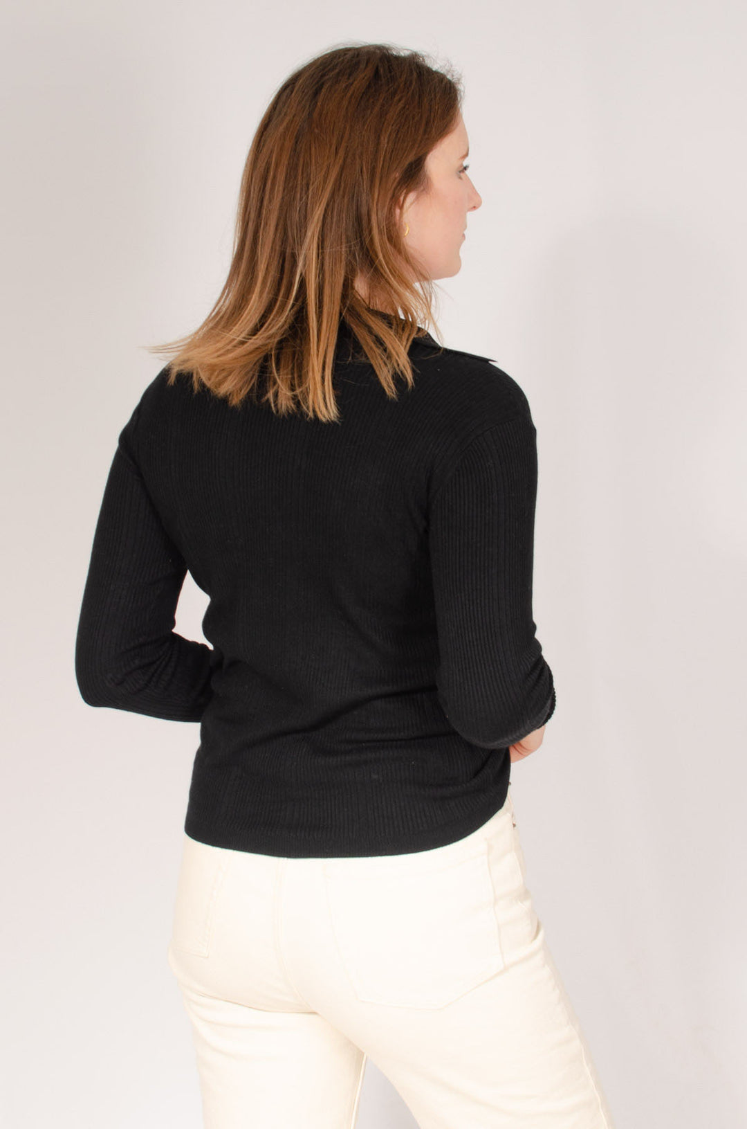 Ribbed Collared Long Sleeve Top