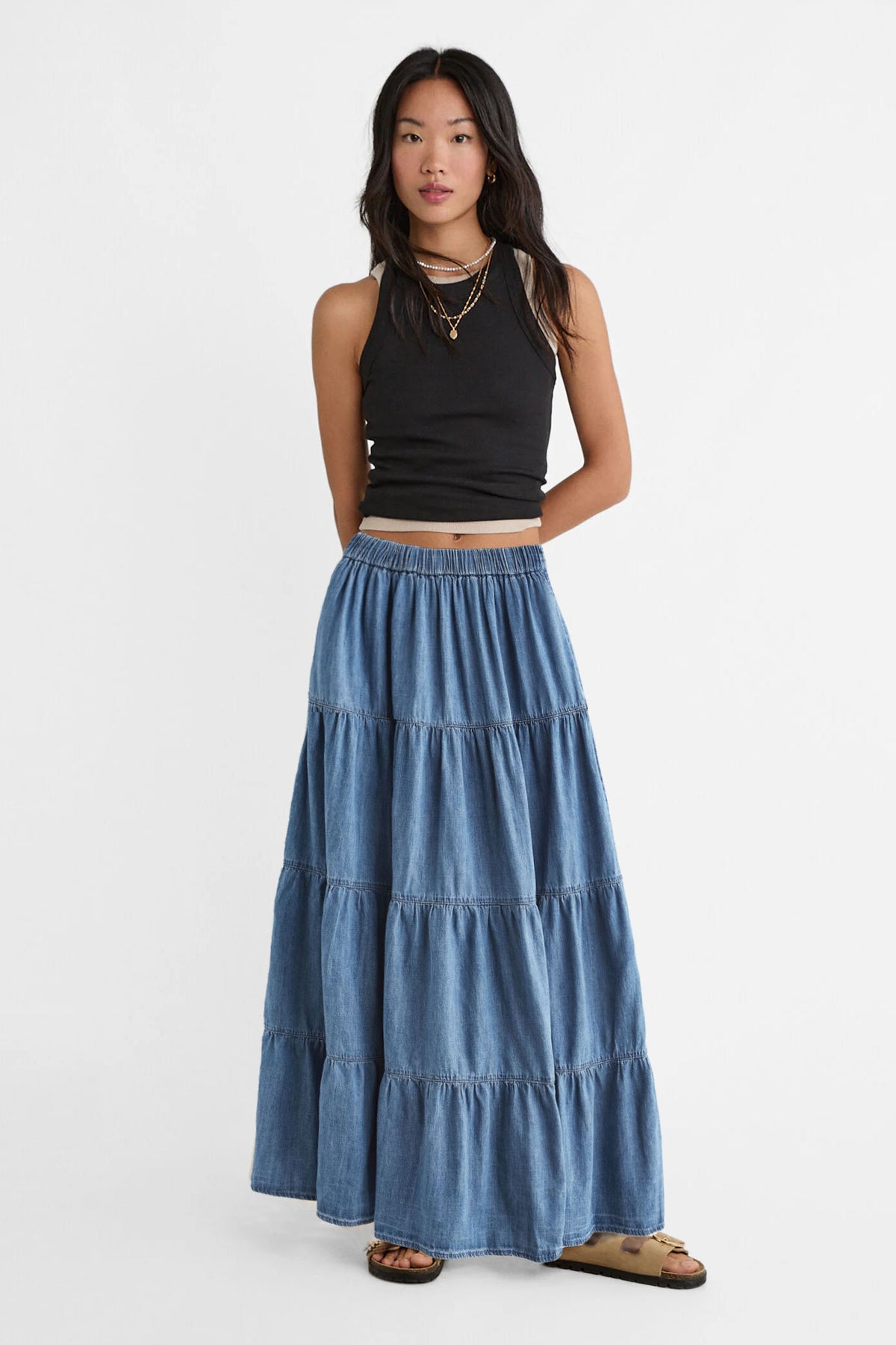 Denim Tiered Maxi Skirt