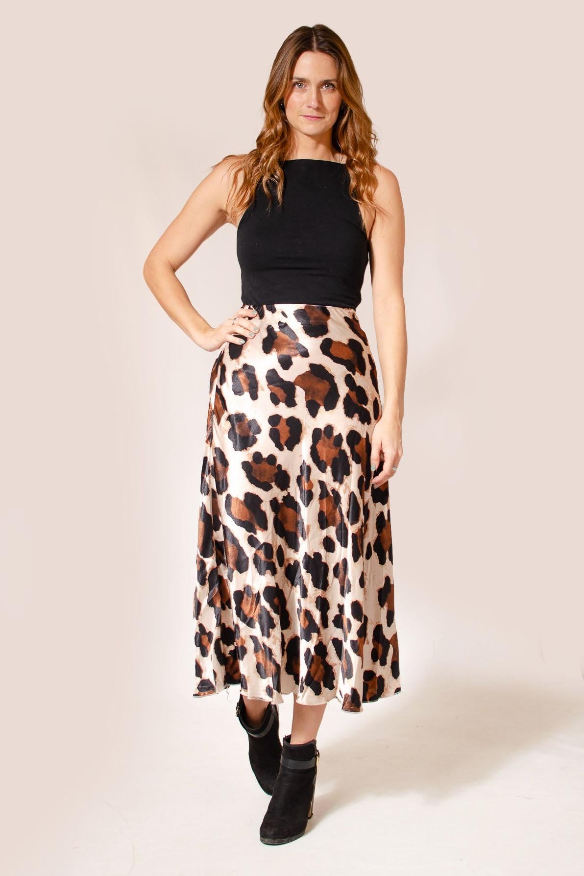 Leopard Print Satin Midi Skirt Secret Label