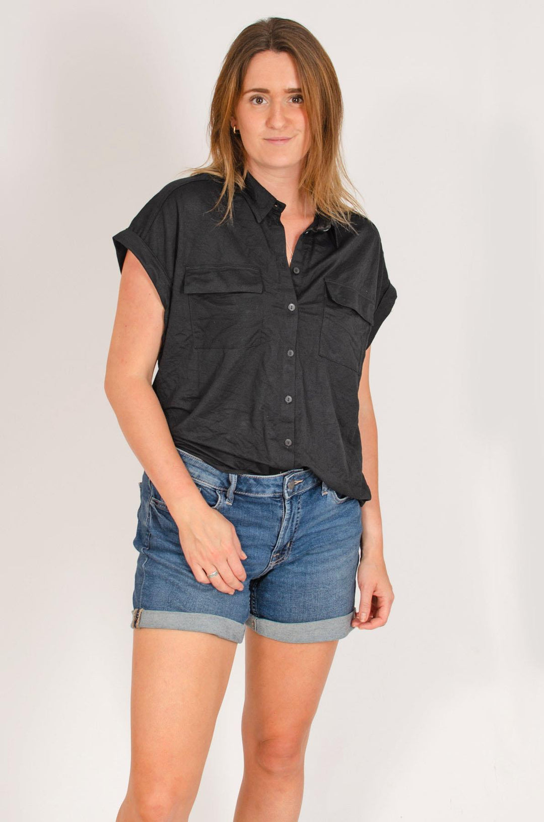 Short Roll Sleeve Pocket Top