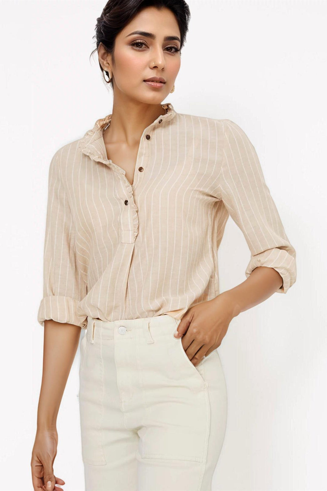 Frill Neck Longline Stripe Blouse