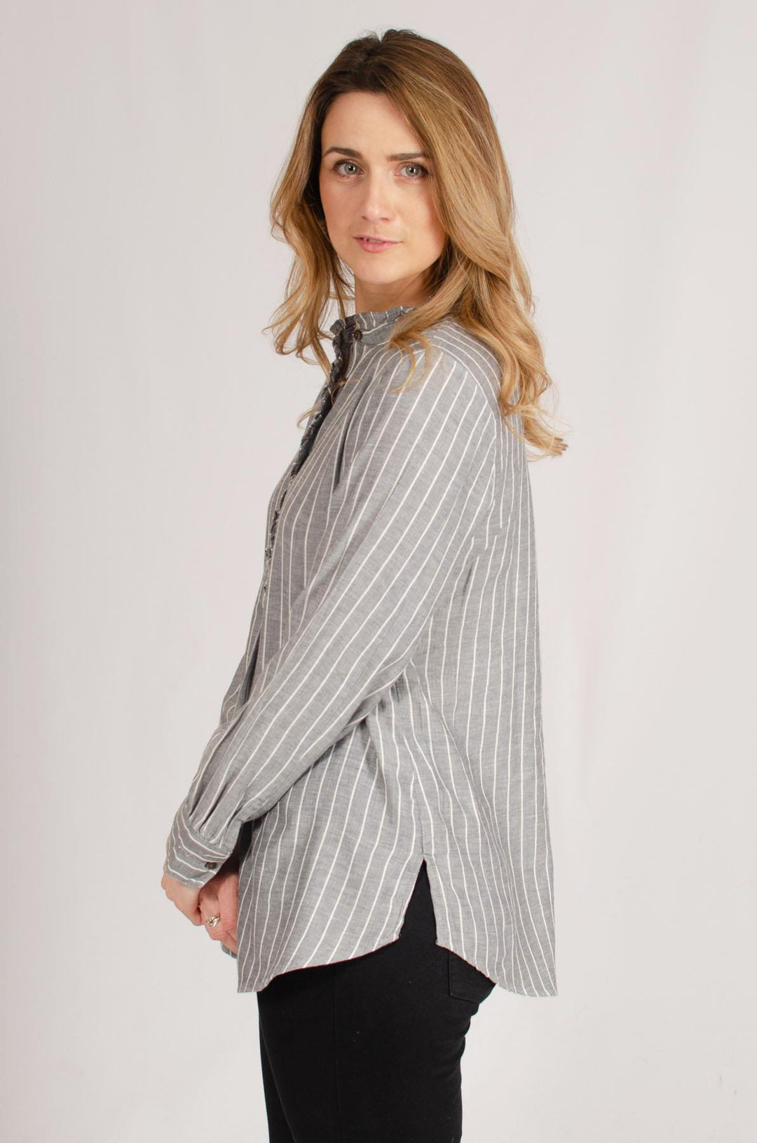 Frill Neck Longline Stripe Blouse