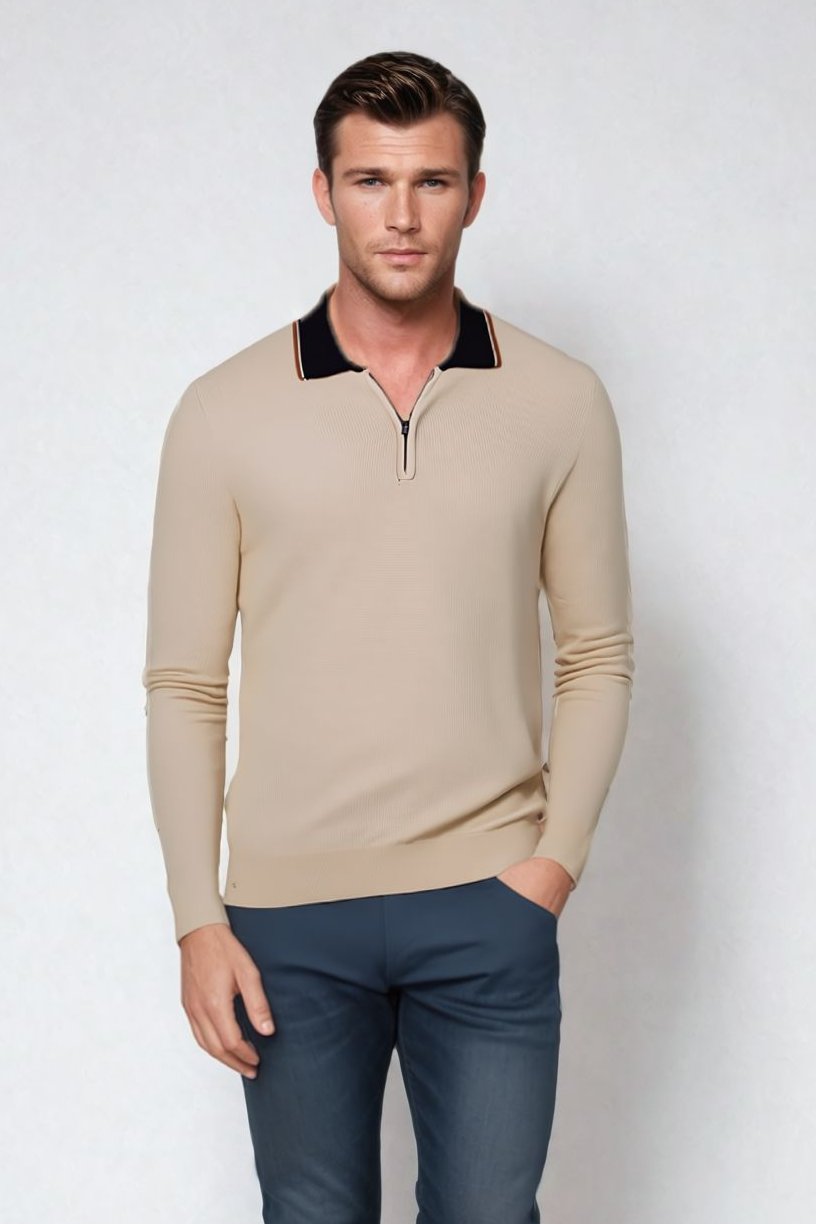 Mens Contrast Collar Cotton Long Sleeve Polo