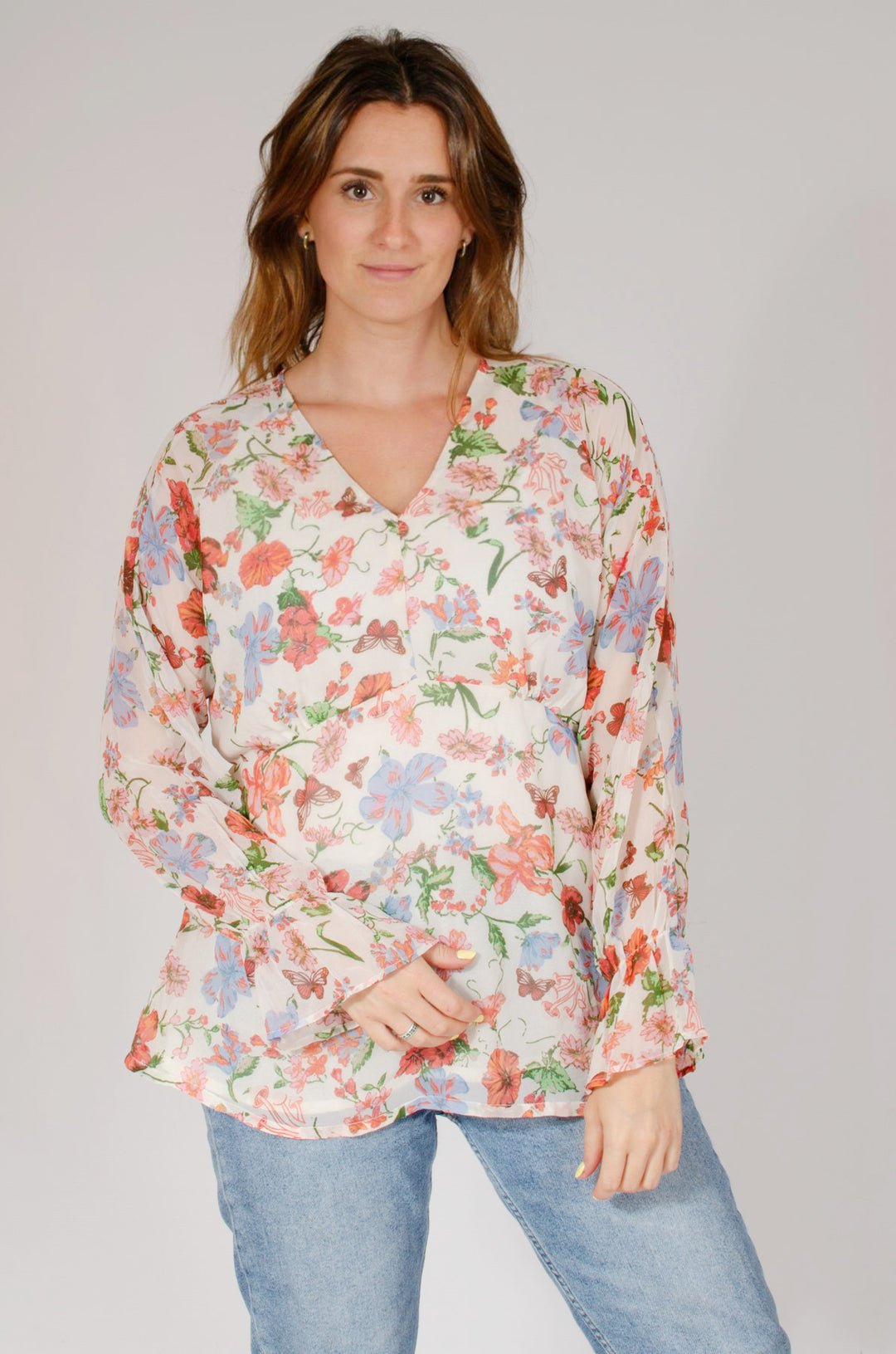 Floral Ivory V Neck Blouse