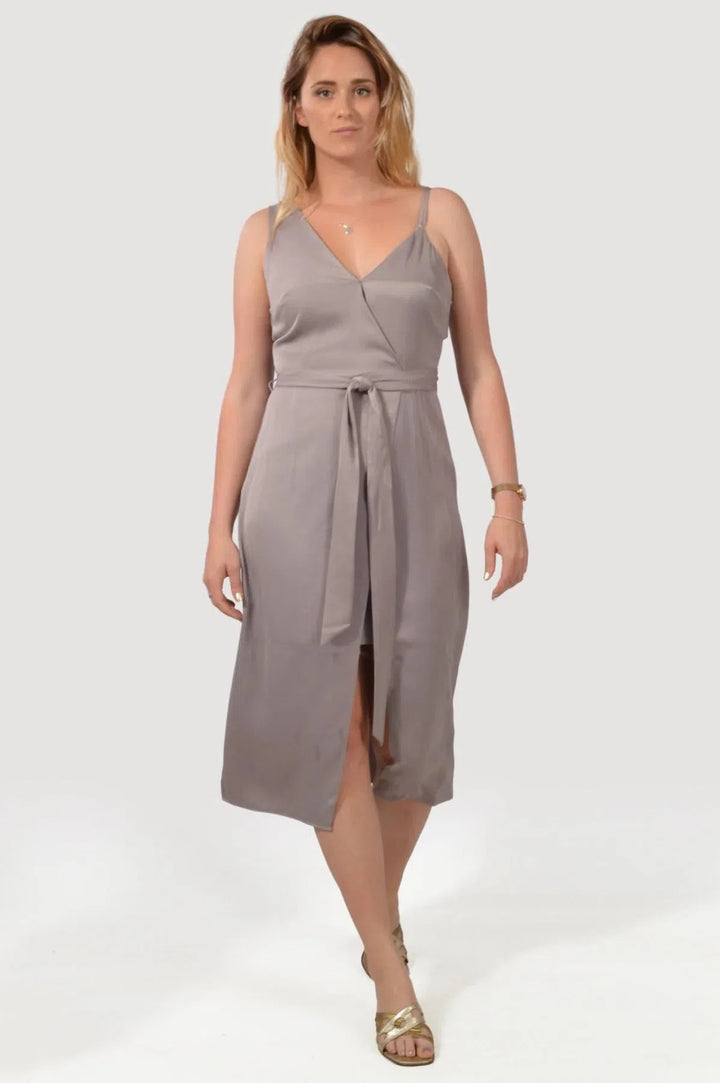 Mink Satin Wrap Midi Dress