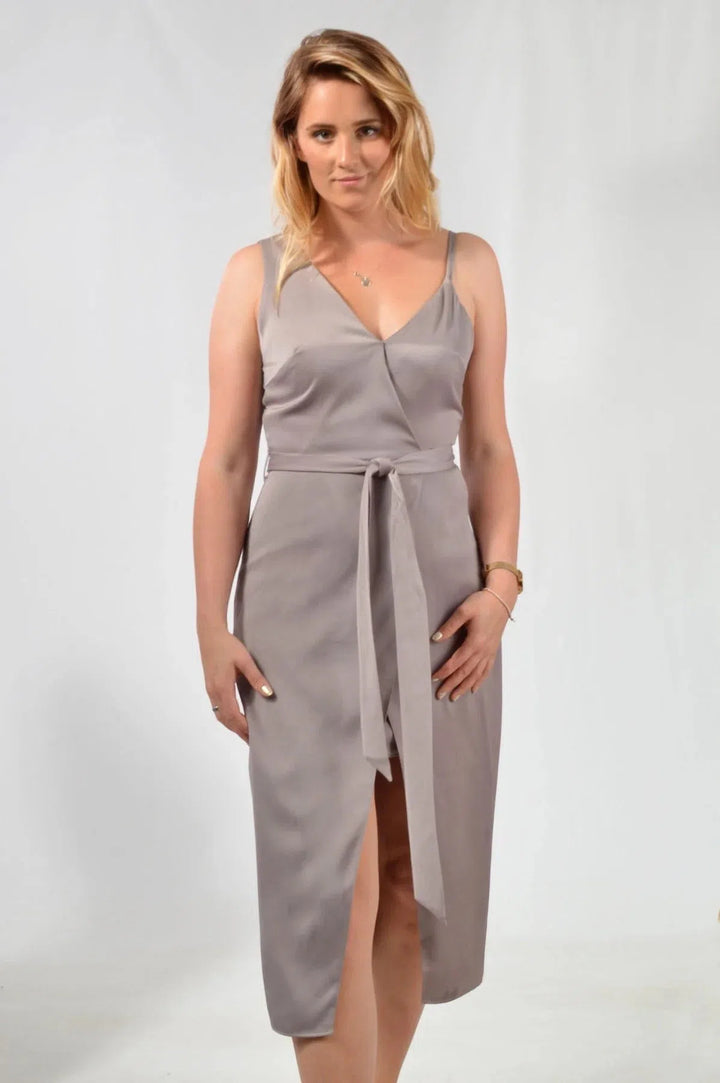 Mink Satin Wrap Midi Dress