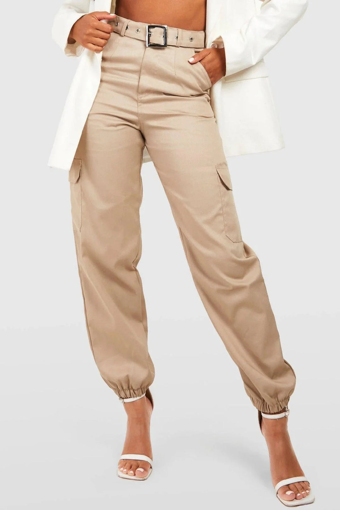 Boohoo Belted Cargo Trousers Beige / 8