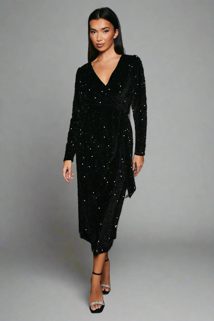 Velvet Sequin Wrap Midi Dress