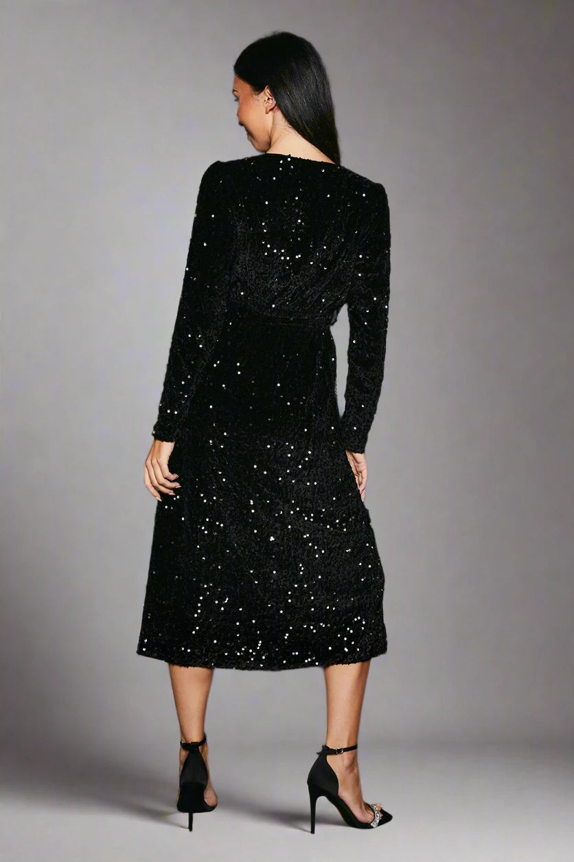 Velvet Sequin Wrap Midi Dress