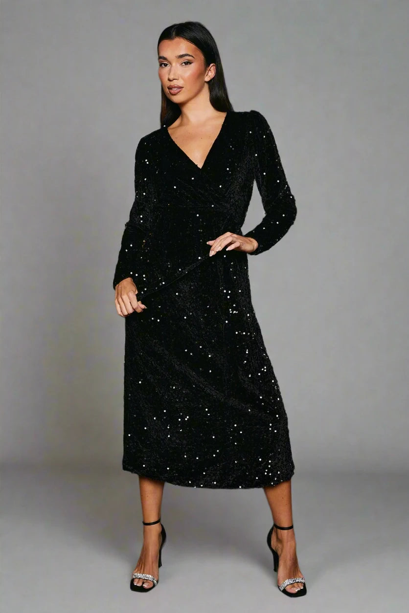 Velvet Sequin Wrap Midi Dress