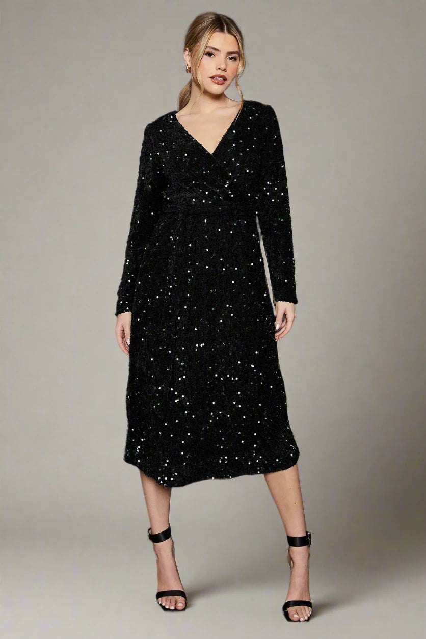 Velvet Sequin Wrap Midi Dress