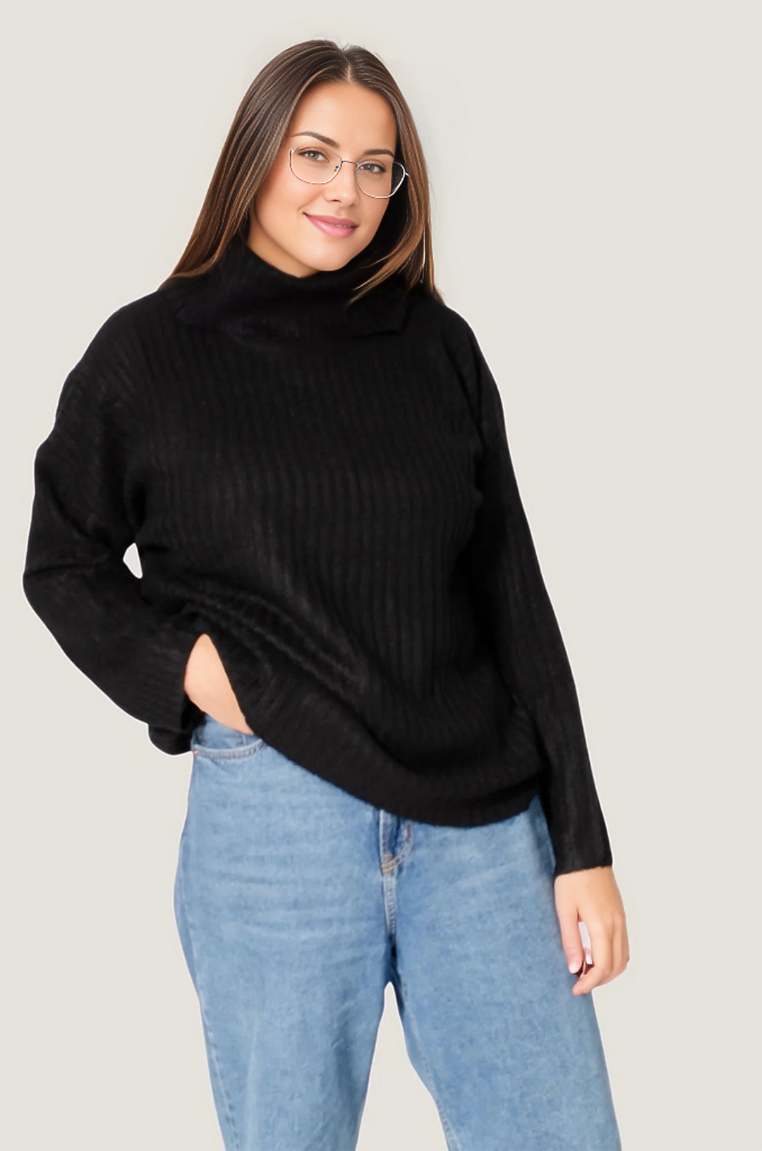 Brave Soul Cowl Roll Neck Ribbed Jumper Black / L