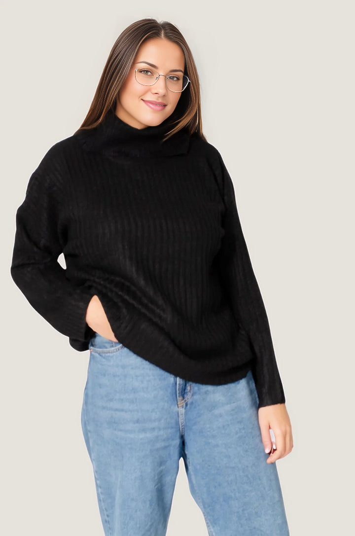 Brave Soul Cowl Roll Neck Ribbed Jumper Black / L