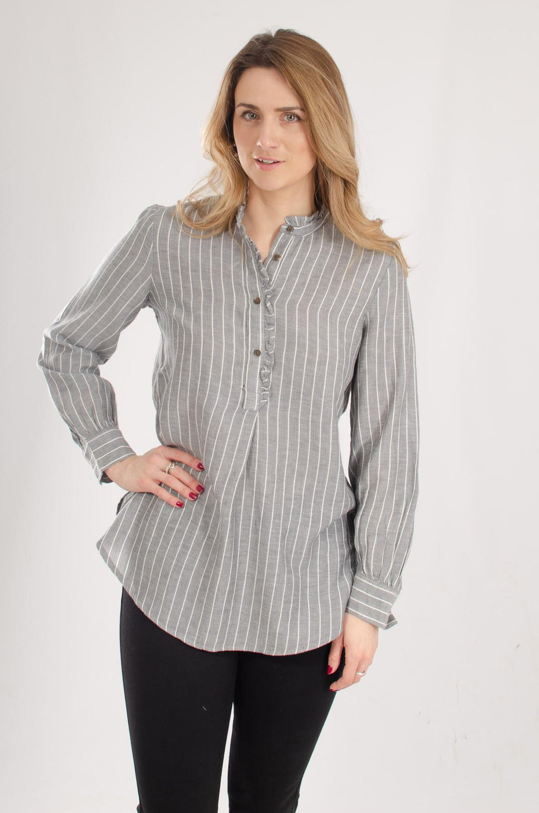 Frill Neck Longline Stripe Blouse