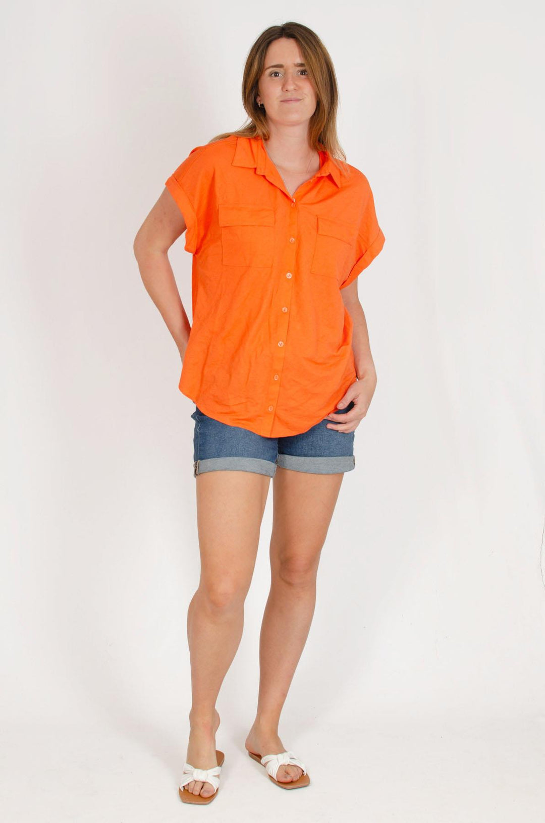 Short Roll Sleeve Pocket Top