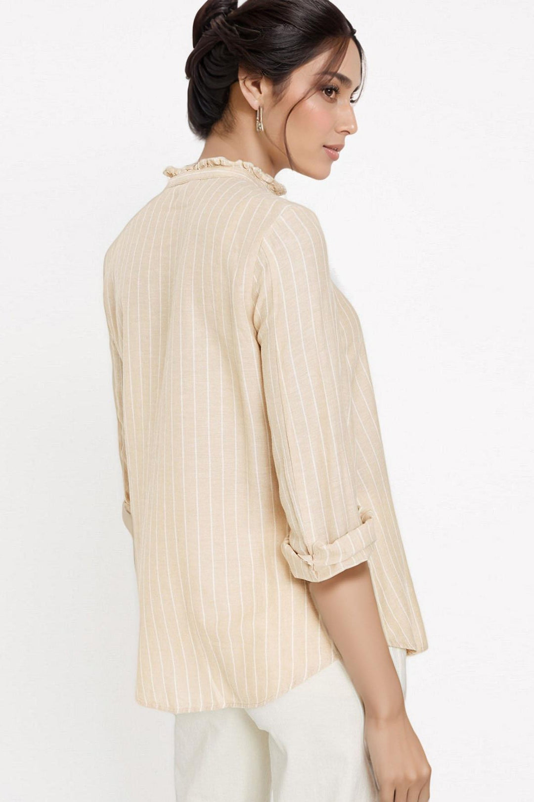 Frill Neck Longline Stripe Blouse