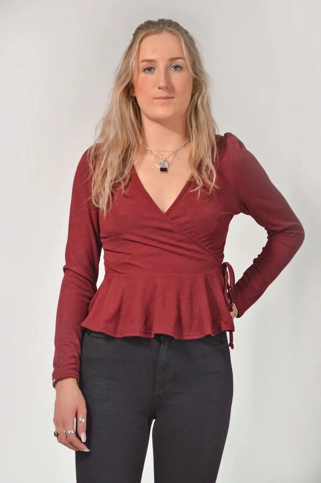 Coast Ribbed Peplum Wrap Top Burgundy / XS