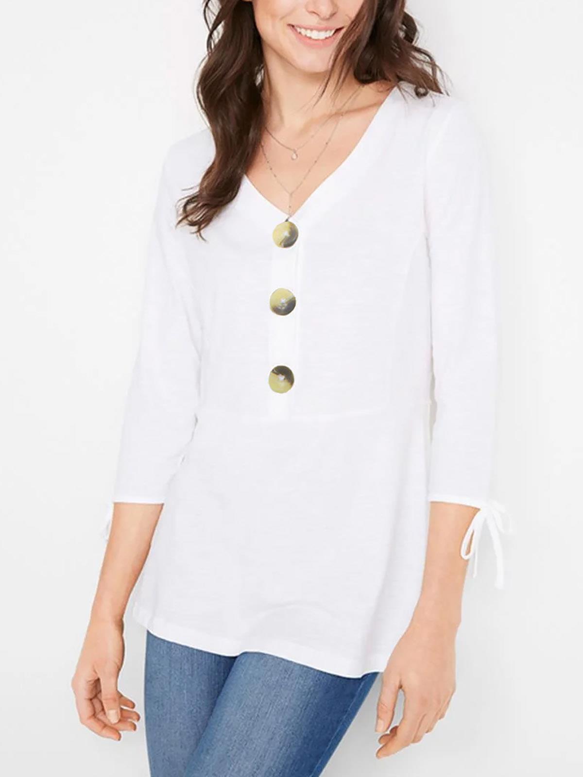White V Neck Button Top with Tie Sleeve