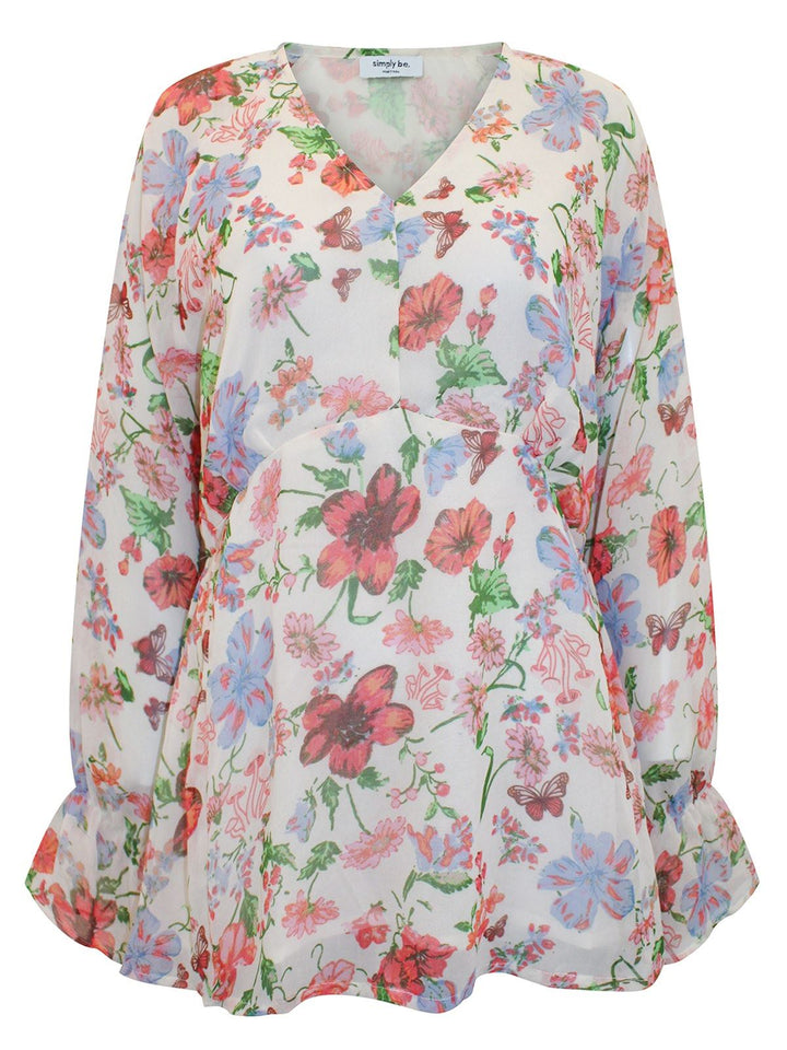 Floral Ivory V Neck Blouse