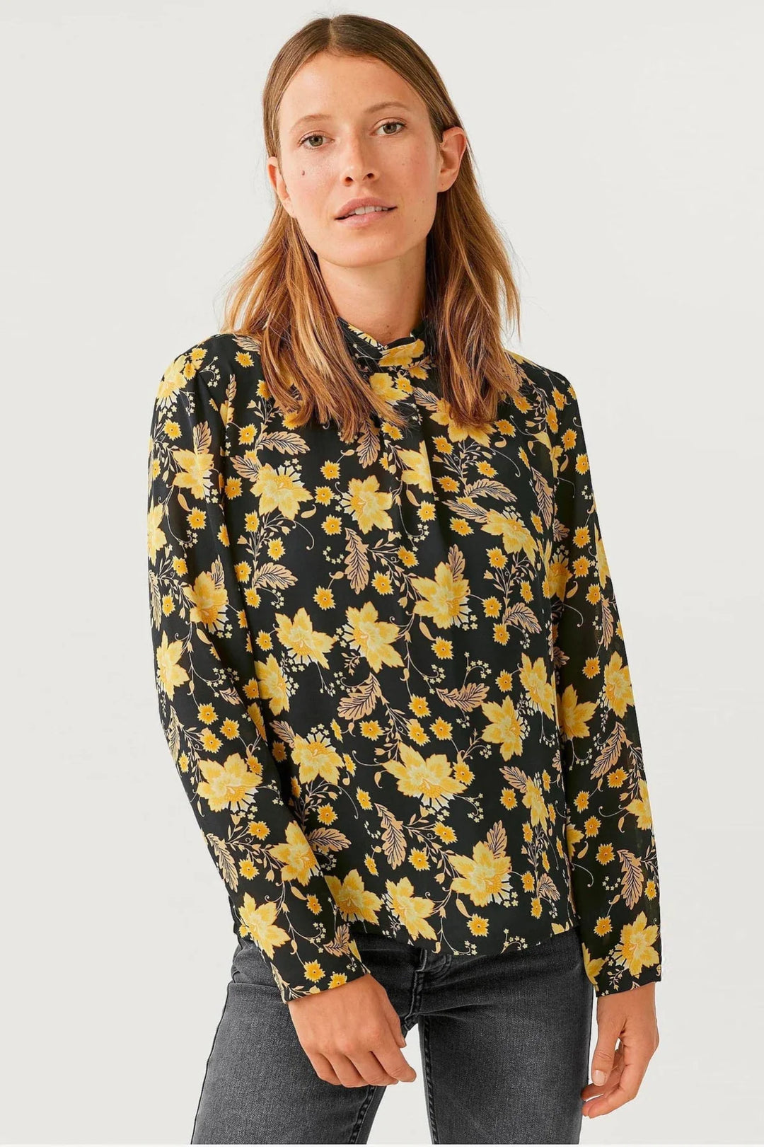 Ellos High Neck Floral Blouse Black/Yellow / 10