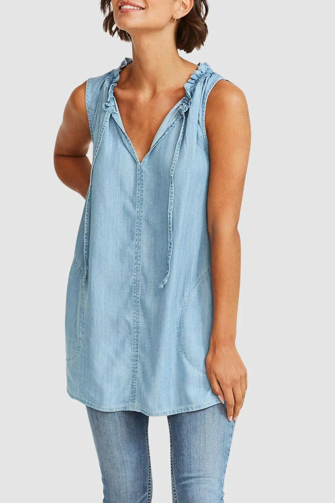 Fat Face Chambray Sleeveless Blouse Blue / 8