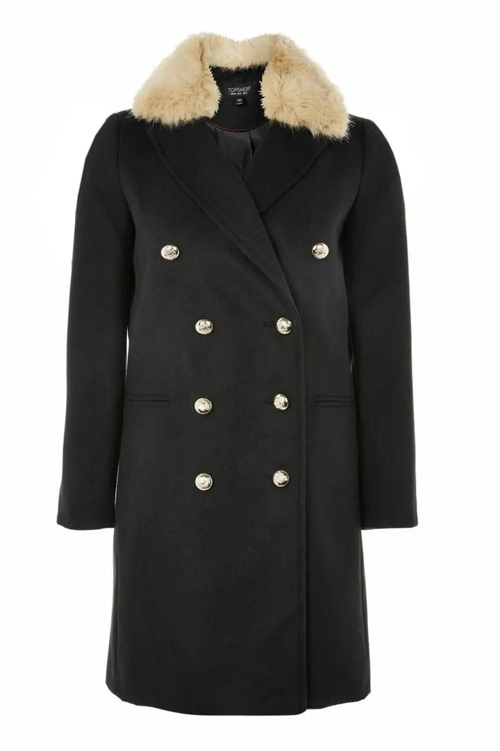 Topshop Fur Collar Navy Military Coat