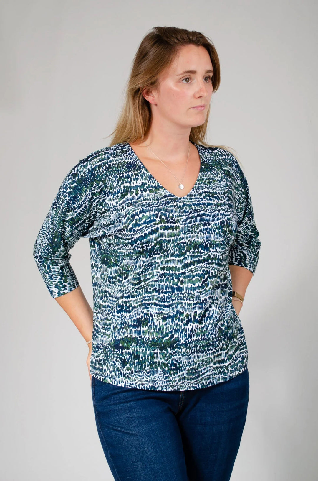 Jaeger Dash Print V Neck Batwing Top