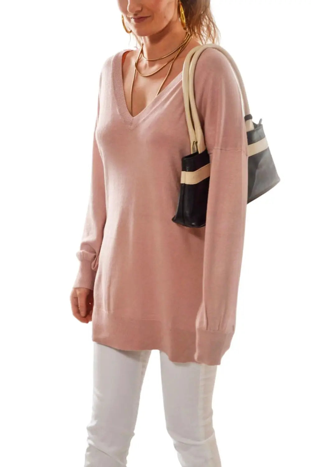 Apricot Long V Neck Fine Knit Jumper