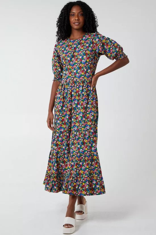 Crew Neck Short Sleeve Floral Maxi Dress