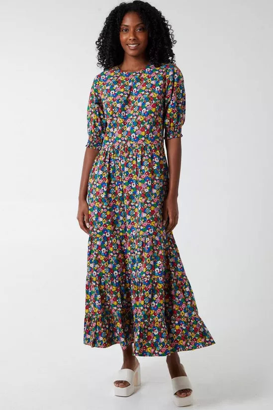 Crew Neck Short Sleeve Floral Maxi Dress