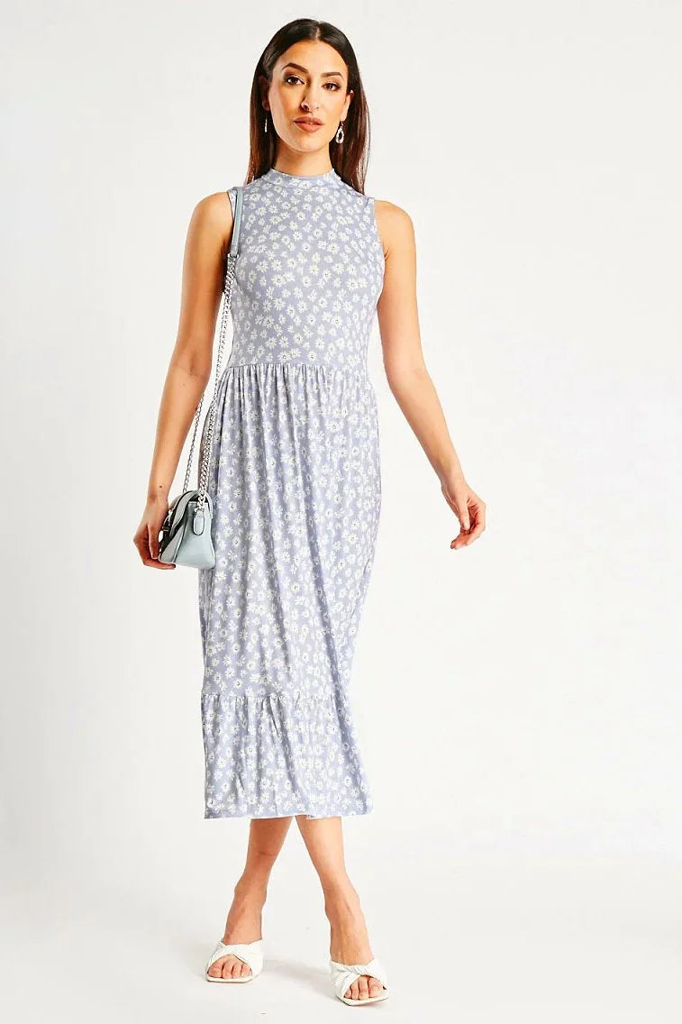 Miss Selfridge Daisy Print Midi Tiered Dress Blue / 6