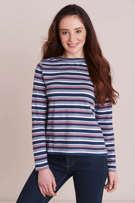 Mistral Stripe Slash Neck Top Blue/Navy/Pink / 8