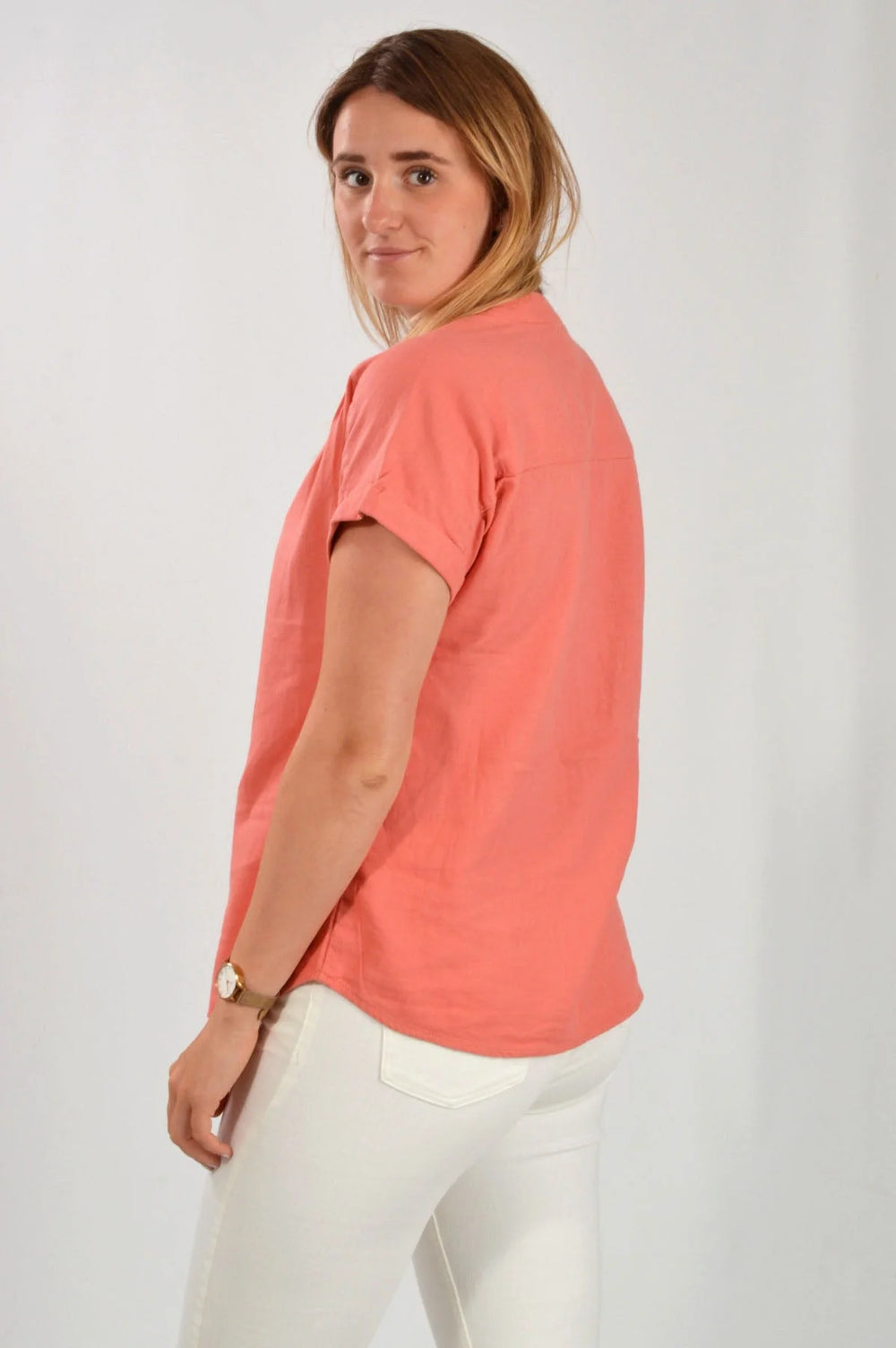 Nutmeg Linen Blend Short Sleeve Top