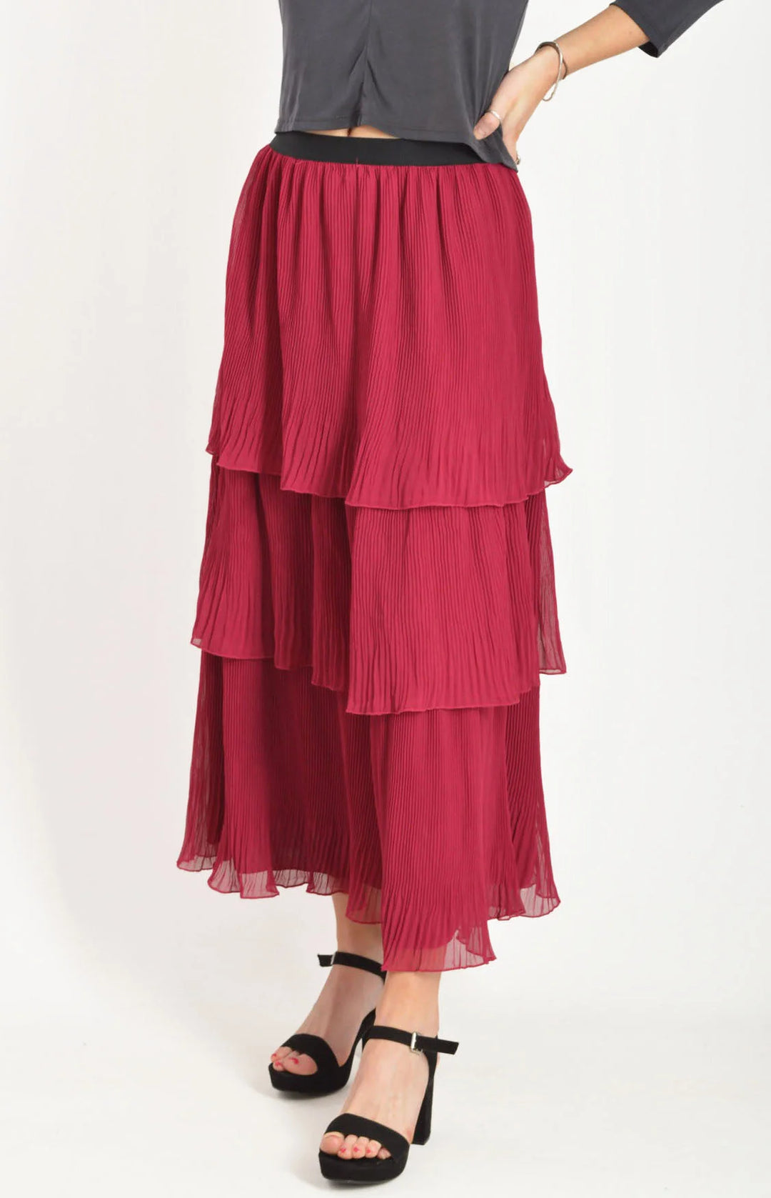 Oasis Tiered Plisse Maxi Skirt Burgundy / 6