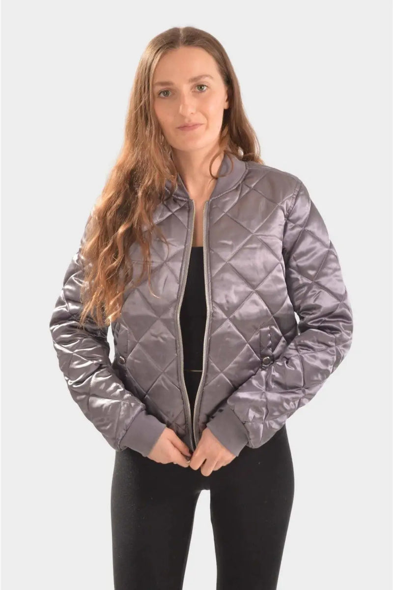 Bik Bok Quilted Satin Bomber Jacket Purple Silver / XS