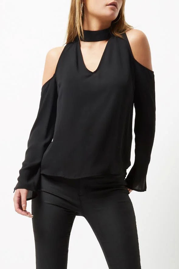 River Island Cold Shoulder Satin Blouse Black / 8