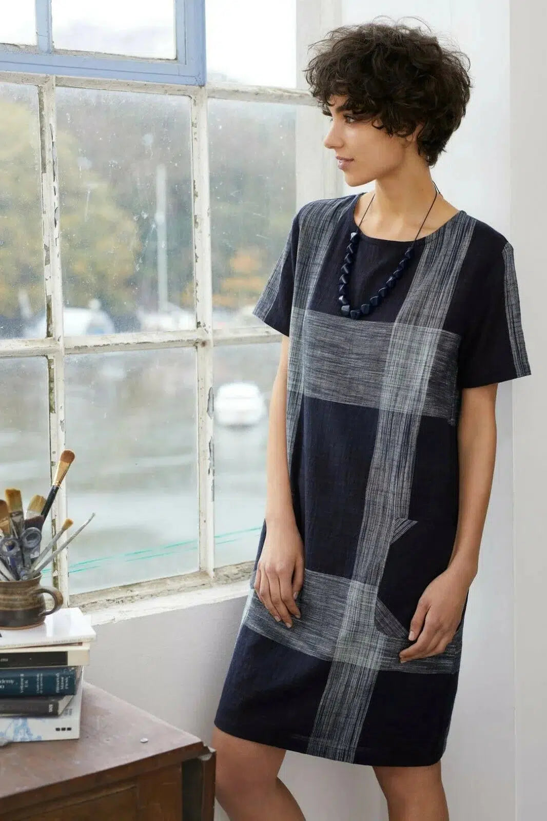 Seasalt Short Sleeve Check Tunic Dress Dark Navy / 8