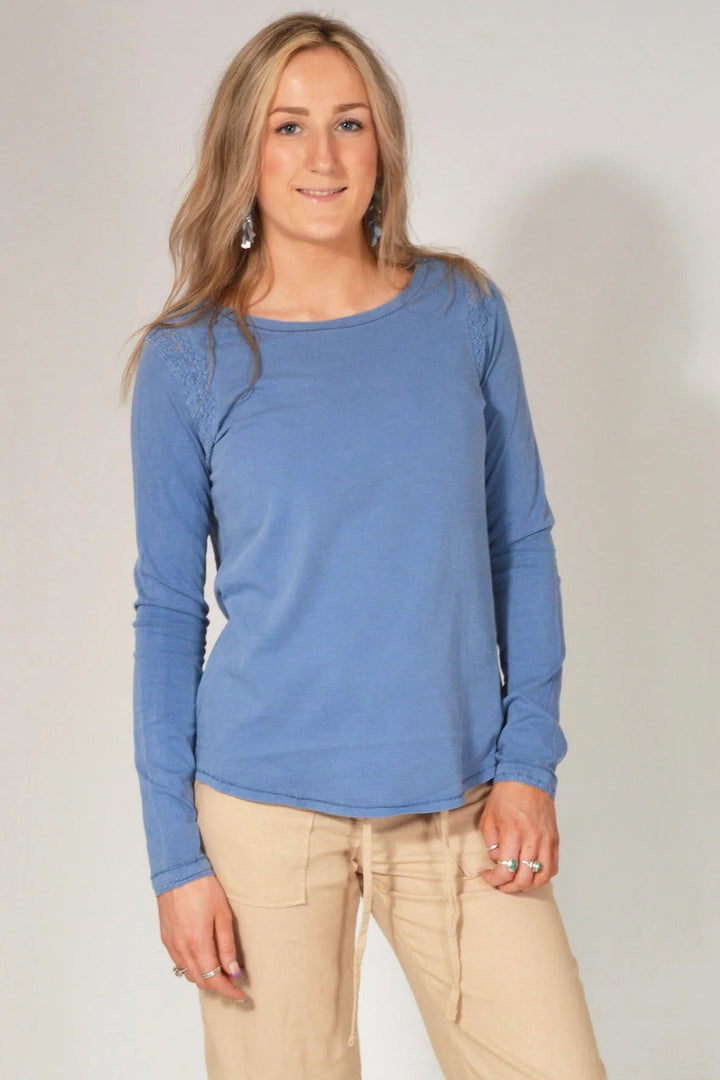 Secret Label Cotton Round Neck Lace Trim Top Blue / 6