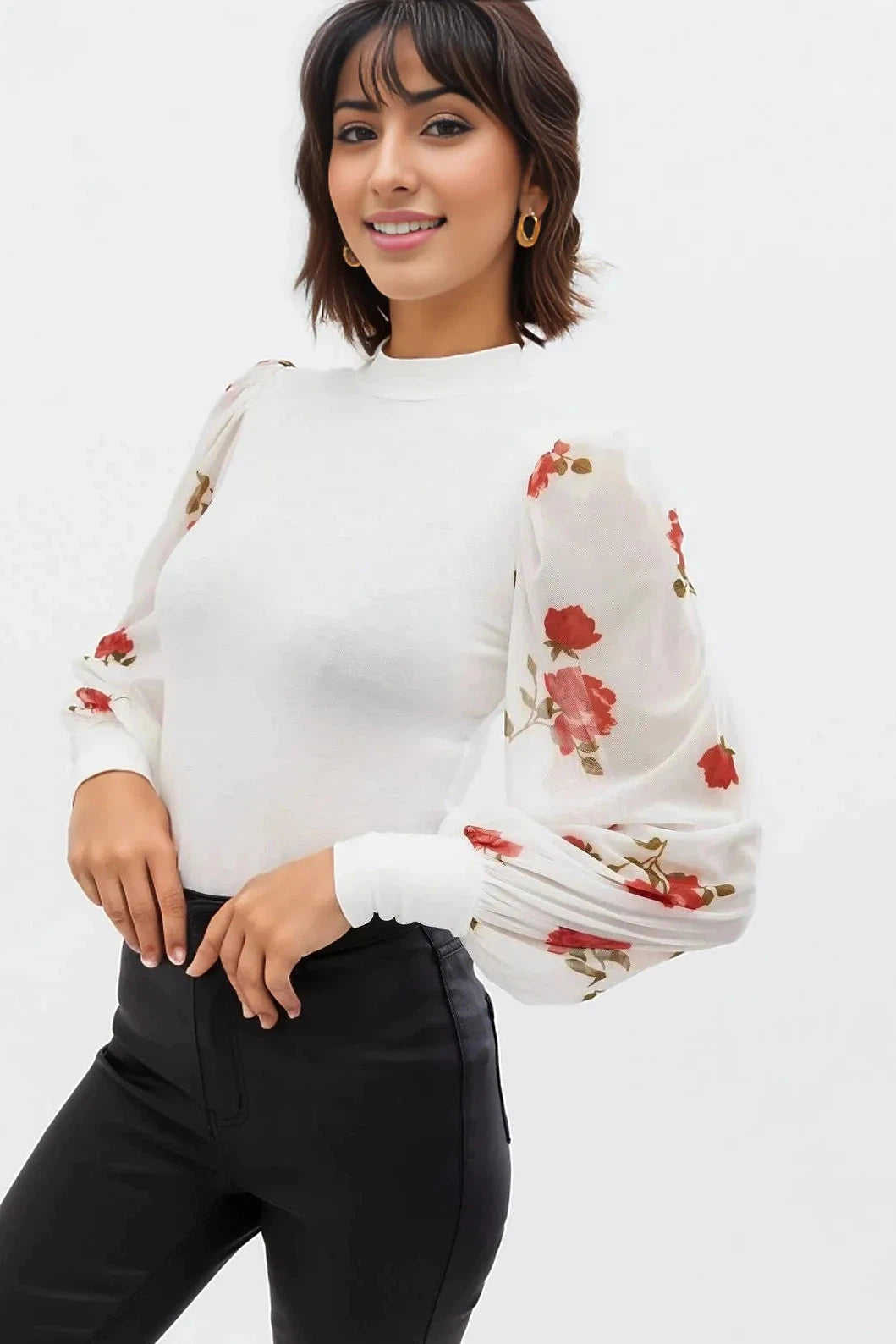 Secret Label Floral Mesh Puff Sleeve Top Ivory/Red / 6