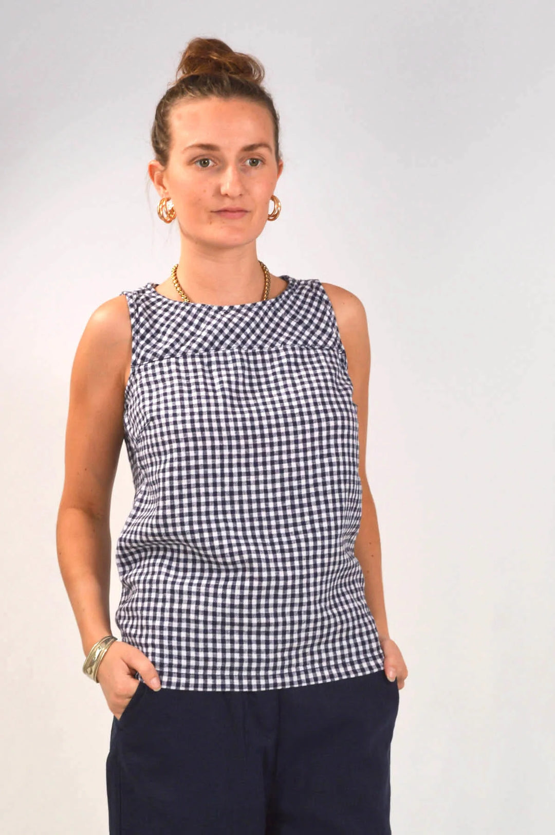 Secret Label Sleeveless Linen Boxy Top Navy Gingham / 6