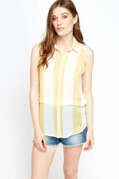 Secret Label Striped Sleeveless Chiffon Blouse Lemon/White /