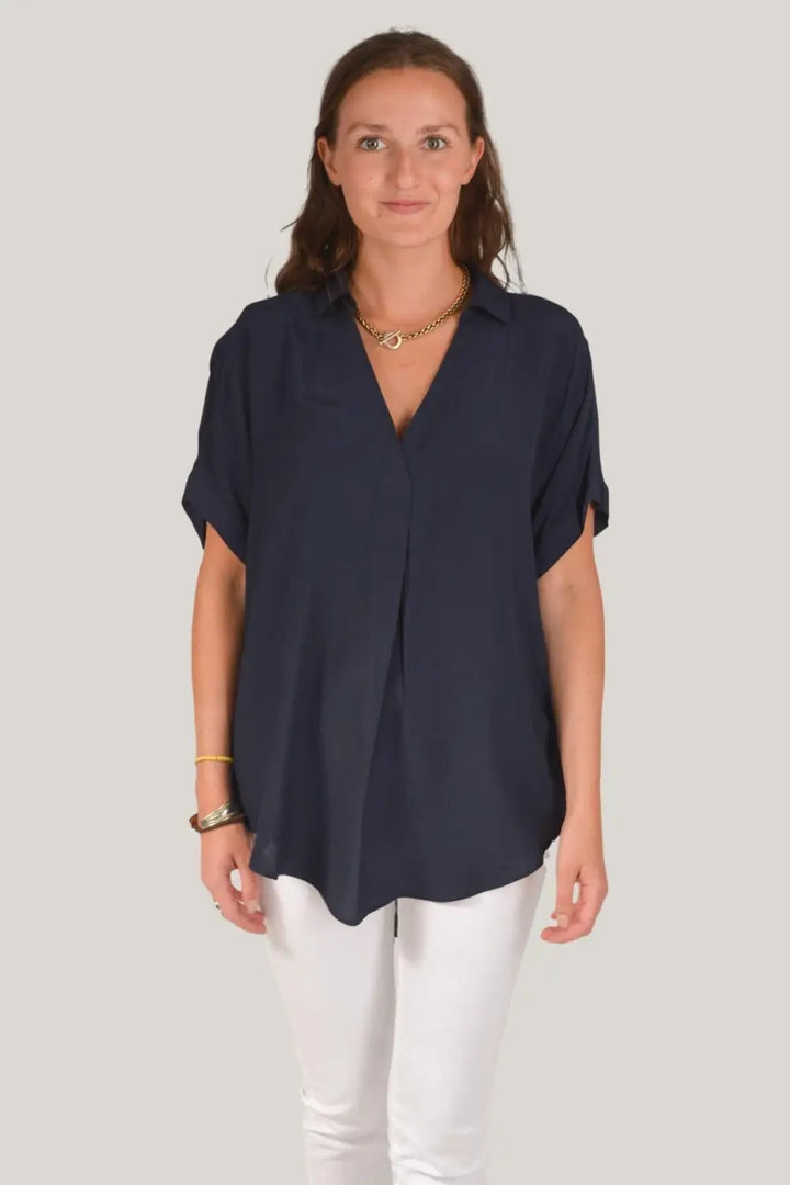 Secret Label Short Sleeve Pleat Front Top Navy / 6